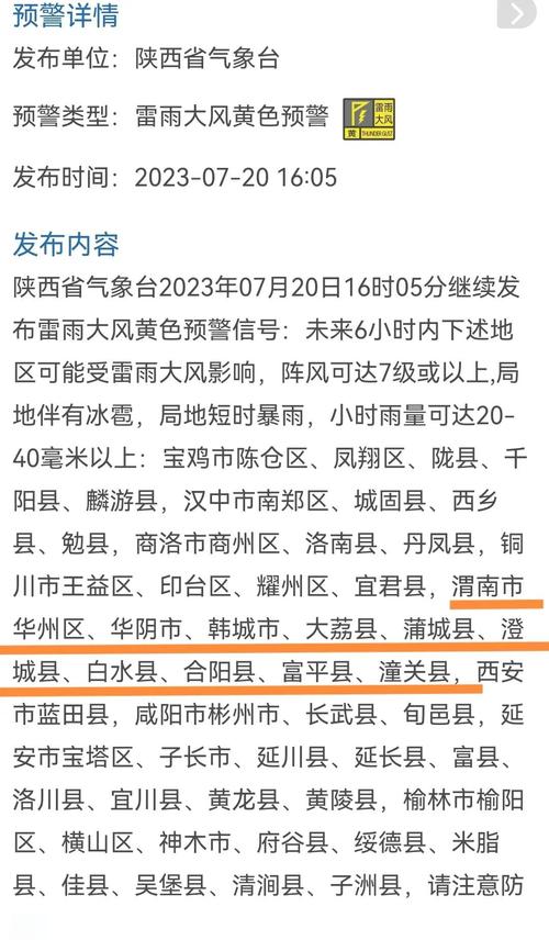 陕西省白水县发布雷雨大风黄色预警